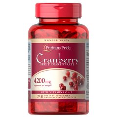 Журавлина з вітамінами С і Е, Cranberry Fruit Concentrate, Puritan's Pride, фруктовий концентрат, 4200 мг, 250 гелевих капсул - фото