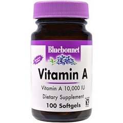 Вітамін А, Vitamin A, Bluebonnet Nutrition, 10000 МО, 100 капсул - фото