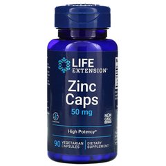 Цинк высокой эффективности, Zinc Caps, High Potency, Life Extension, 50 мг, 90 вегетарианских капсул - фото