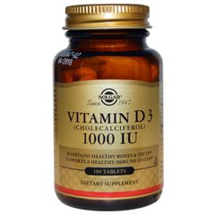 Вітамін D3, Vitamin D3, Solgar, 1000 МО, 180 таблеток - фото