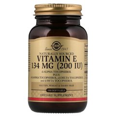 Вітамін Е, Vitamin E, Solgar, суміш токоферолів, 200 МО, 100 капсул - фото