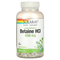 Бетаїн HCl + пепсин, HCL with Pepsin, Solaray, 650 мг, 250 капсул - фото