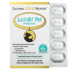 Пробіотики для котів і собак, LactoBif Pet, 5 млрд ДЕЩО, California Gold Nutrition, 60 капсул - фото