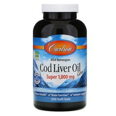 Риб'ячий жир з печінки тріски, Cod Liver Oil, Carlson Labs, норвезький, 1000 мг, 250 капсул - фото