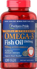 Омега-3 рыбий жир, Omega-3 Fish Oil, Puritan's Pride, 1360 мг (950 мг активного омега-3), 120 капсул - фото