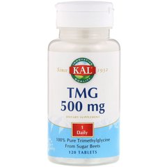 Триметилгліцин, TMG, 500 мг, Kal, 120 таблеток - фото