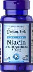 Витамин В3 (Ниацин), Flush Free Niacin, Puritan's Pride, 500 мг, 100 капсул - фото