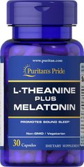 Л-теанін плюс мелатонін, L-Theanine Plus Melatonin, Puritan's Pride, 30 капсул - фото