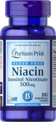 Вітамін В3 (Ніацин), Flush Free Niacin, Puritan's Pride, 500 мг, 100 капсул - фото
