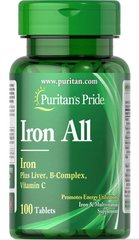 Залізо, Iron All Iron, Puritan's Pride, 100 таблеток - фото