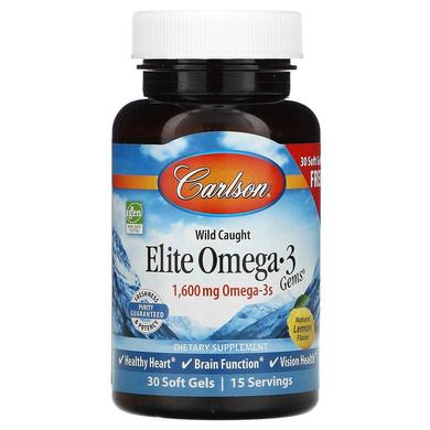 Омега-3, Elite Omega-3, Carlson Labs, смак лимона, 1600 мг, 90+30 капсул - фото