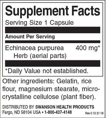 Эхинацея пурпурная, Echinacea, Swanson, 400 мг, 100 капсул - фото