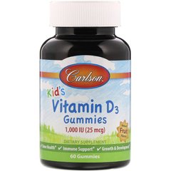 Витамин Д3 для детей, Vitamin D3 Gummies, Carlson Labs, фруктовый вкус, 1,000 МЕ, 60 жевательных конфет - фото