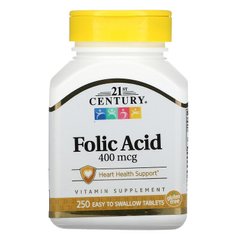 Фолієва кислота, Folic Acid, 21st Century, 400 мкг, 250 таблеток - фото