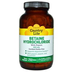 Бетаїну гідрохлорид, Betaine Hydrochloride, Country Life, 600 мг, 250 таблеток - фото