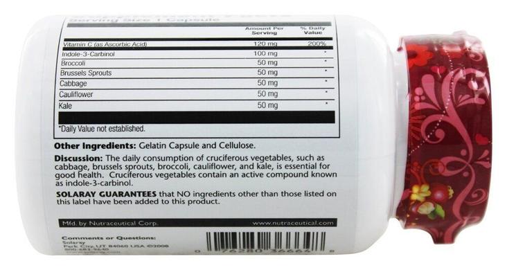 Індол-3-карбінол, підтримка балансу естрогену, Indole-3-Carbinol, Solaray, 100 мг, 30 вегетаріанських капсул - фото