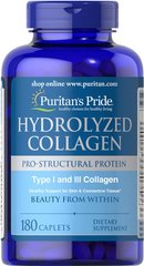 Колаген, Hydrolyzed Collagen, Puritan's Pride, гідролізований, 1000 мг, 180 таблеток - фото