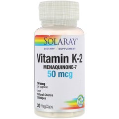 Витамин К2 Менахинон-7, Vitamin K-2, Solaray, 50 мкг, 30 капсул - фото