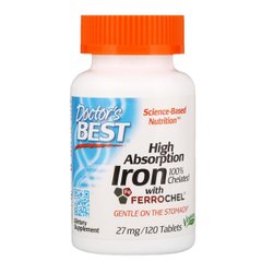 Хелатне залізо, High Absorption Iron, Doctor's Best, 27 мг, 120 таблеток - фото