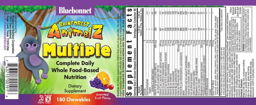 Мультивитамины для детей, Rainforest Animalz, Bluebonnet Nutrition, вкус фрукты, 180 жевательных таблеток - фото