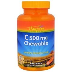 Вітамін С, Vitamin C Chewable, Thompson, жувальний, апельсин, 500 мг, 60 таблеток - фото