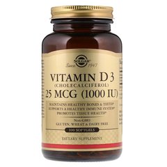 Вітамін Д3, Vitamin D3, Solgar, 25 мкг (1000 МО), 100 капсул - фото