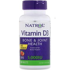 Вітамін Д3, Vitamin D3 Fast Dissolve, Strawberry Flavor, Natrol, смак полуниці, 5000 МО, 90 таблеток - фото