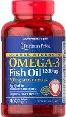 Омега-3 рыбий жир, Omega-3 Fish Oil, Puritan's Pride, двойная сила, 1200/600 мг, 90 капсул - фото