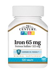 Железо, Iron, 21st Century, 65 мг, 120 таблеток - фото