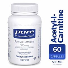 Ацетил-L-карнітин, Acetyl-l-Carnitine, Pure Encapsulations, 500 мг, 60 капсул - фото