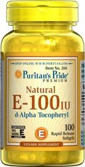 Витамин Е, Vitamin E-100 iu 100% Natural, Puritan's Pride, 100 гелевых капсул - фото