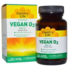 Вегетаріанський вітамін Д3, Vegan D3, Country Life, 60 капсул - фото