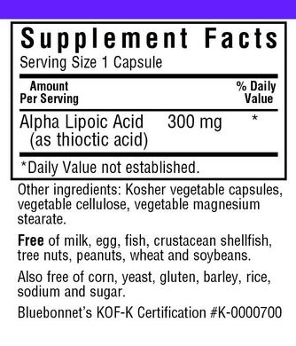 Альфа-липоевая кислота, Alpha Lipoic Acid, Bluebonnet Nutrition, 300 мг, 30 капсул - фото