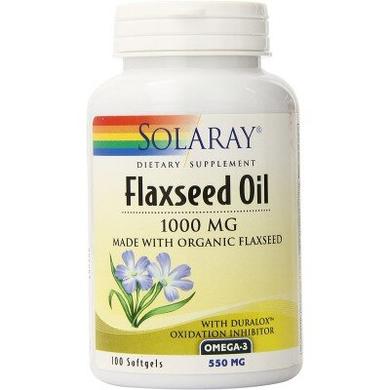 Лляна олія, Flaxseed Oil, Solaray, 1000 мг, 100 гелевих капсул - фото