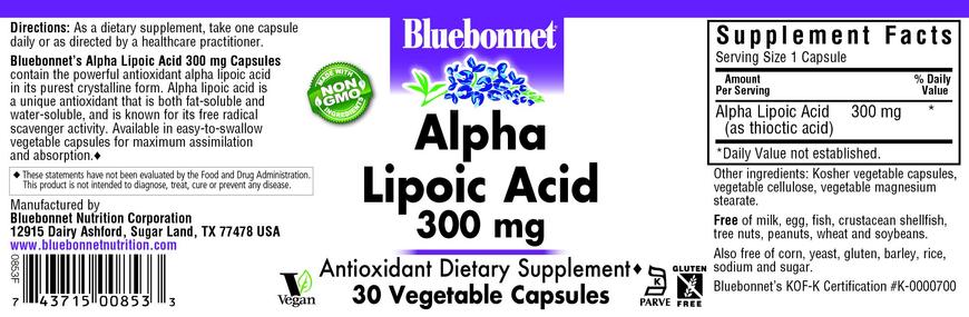 Альфа-липоевая кислота, Alpha Lipoic Acid, Bluebonnet Nutrition, 300 мг, 30 капсул - фото