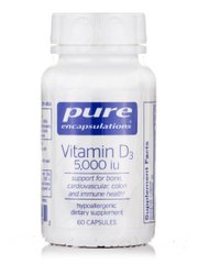 Вітамін D3, Vitamin D3, Pure Encapsulations, 5,000 МО, 60 капсул - фото