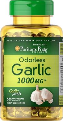 Часник, Odorless Garlic, Puritan's Pride, без запаху, 1000 мг, 250 капсул - фото