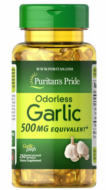 Часник, Odorless Garlic, Puritan's Pride, без запаху, 500 мг, 250 гелевих капсул - фото