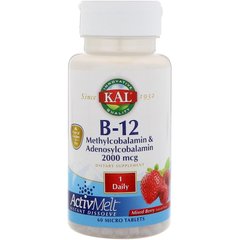 Витамин B-12 в форме аденозил метилкобаламина, B-12 Methylcobalamin Adenosyl, Kal, ягоды, 2000 мкг, 60 таблеток - фото