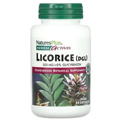 Корень солодки, Licorice (DGL) Nature's Plus, Herbal Actives, 500 мг, 60 капсул - фото