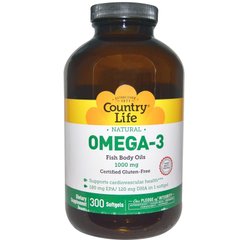 Рыбий жир Омега-3, Omega-3, Country Life, 1000 мг, 300 капсул - фото