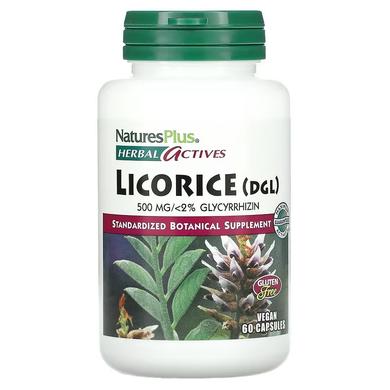 Корінь солодки, Licorice (DGL) Nature's Plus, Herbal Actives, 500 мг, 60 капсул - фото