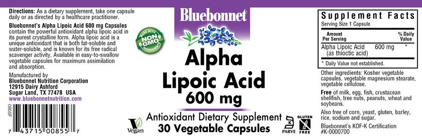Альфа-ліпоєва кислота, Alpha Lipoic Acid, Bluebonnet Nutrition, 600 мг, 30 капсул - фото
