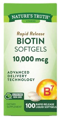 Біотин, Biotin, Nature's Truth, 10000 мкг, 100 рідких м'яких капсул - фото