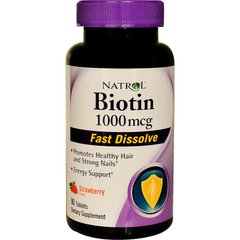 Биотин (вкус клубники), Biotin, Natrol, 1000 мкг, 90 таблеток - фото