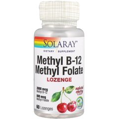 Вітамін В-12 і фолієва кислота, Methyl B-12 Methyl Folate, Solaray, смак вишні, 60 льодяників - фото