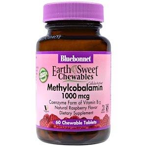Витамин В12 (метилкобаламин), Methylcobalamin, Bluebonnet Nutrition, малина, 1000 мкг, 60 жевательные таблетки - фото