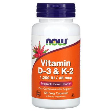 Витамин Д3 и К2, Vitamin D-3 & K-2, Now Foods, 1000 МЕ/45 мкг, 120 капсул - фото
