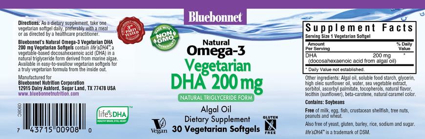 Вегетаріанська Омега-3 з водоростей, DHA, Bluebonnet Nutrition, 200 мг, 30 рослинних капсул - фото