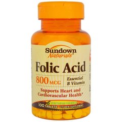 Фолієва кислота, Folic Acid, Sundown Naturals, 800 мкг, 100 таблеток - фото